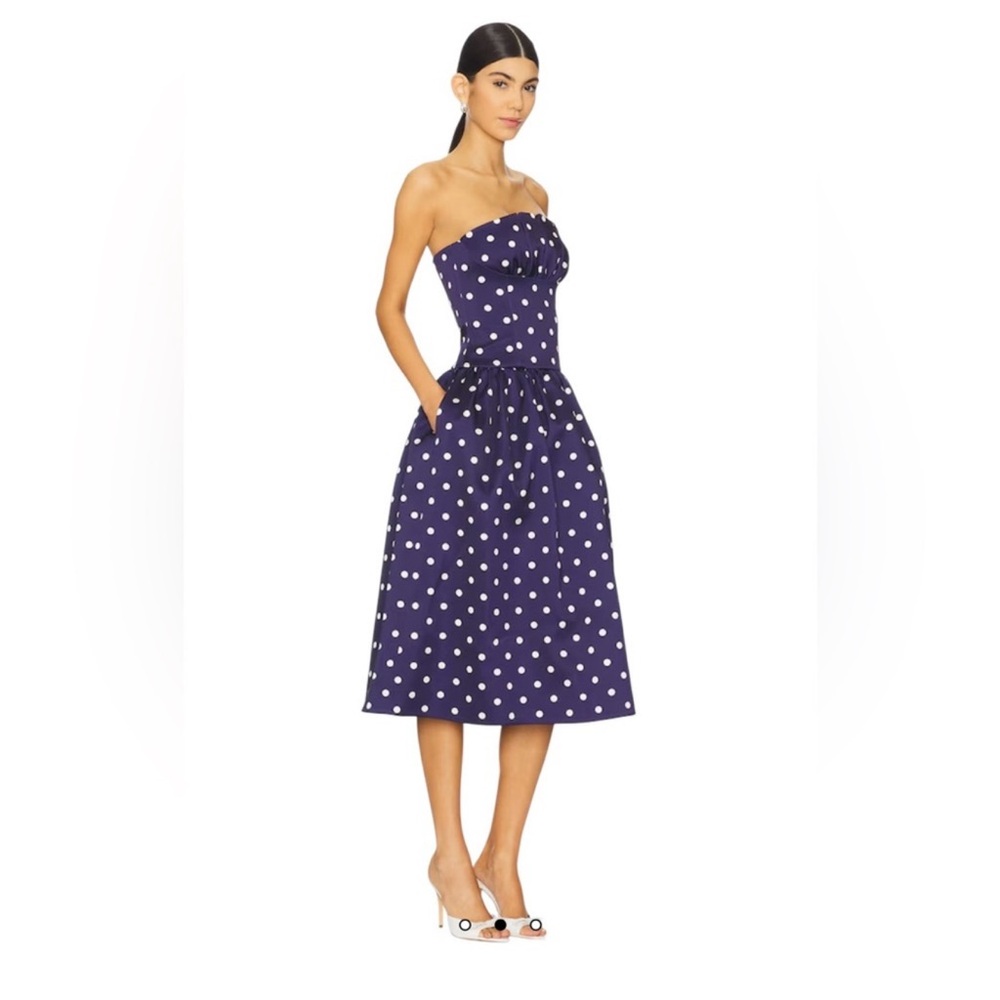 Self Portrait- Strapless Navy Polka Dot Midi Dress